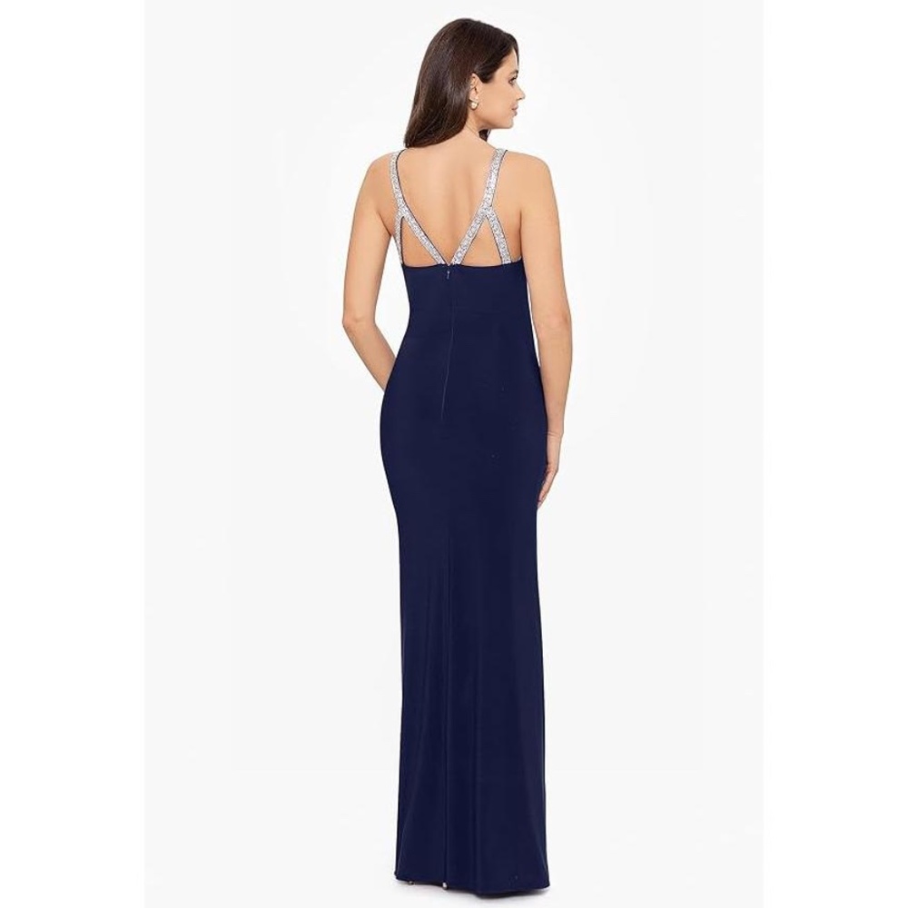 NWT Betsy & Adam Jayleen High Neck Side Ruched Stretch Knit Gown - size 16 - Picture 2 of 8